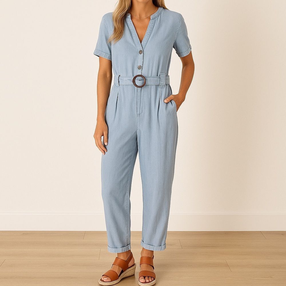 NWT Three Bird Nest Tencel Chambray Jumpsuit Belted Button Front Blue Size Large